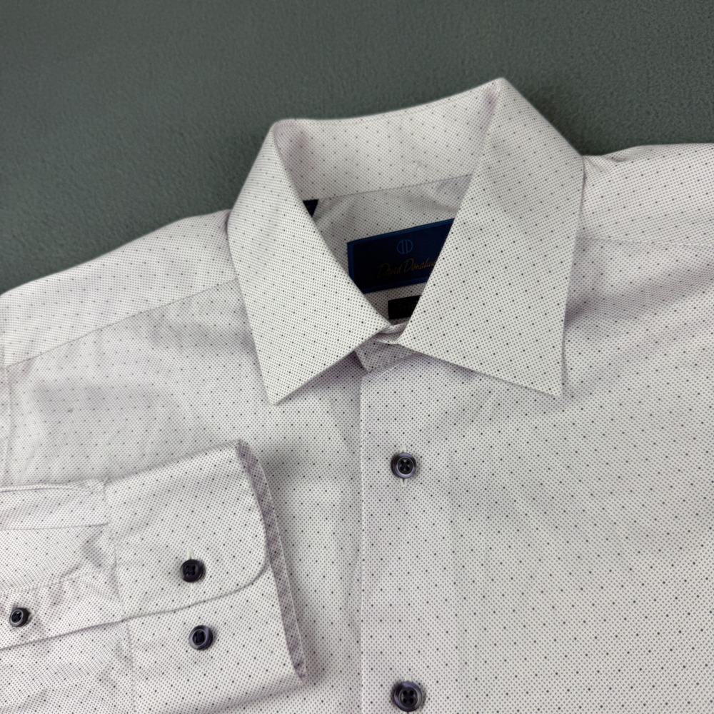 David Donahue Shirt Men's 16.5 34/35 White Purple Polka Dot Trim Fit Dress Shirt
